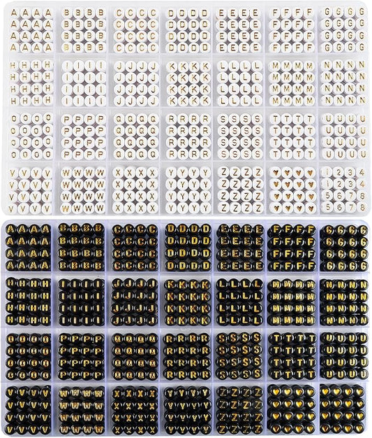 L'EclatDina 1900+ PCS Letter Beads, 2 Box Set Alphabet Beads for Bracelets, Round Number & Heart, 5m Elastic String Jewelry Making Kit, Ideal Gift for Friendship Bracelets (White Gold+Black Gold)