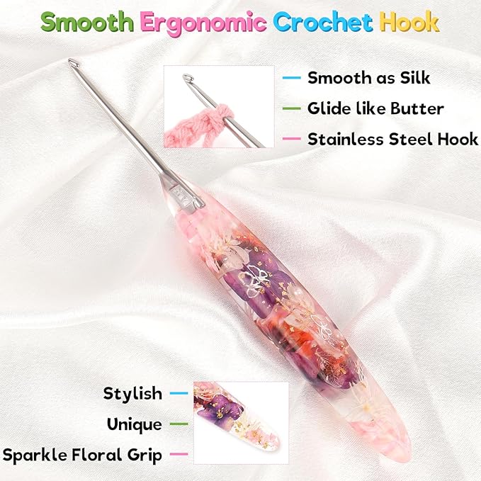 Katech 2.5mm Crochet Hook for Arthritic Hands, Hand-Polished Stainless Steel Ergonomic Crochet Hooks with Customized Sparkle Dried Floral Grip, Soft Tapered Hook-Crochet Gift for Beginner & Crocheter