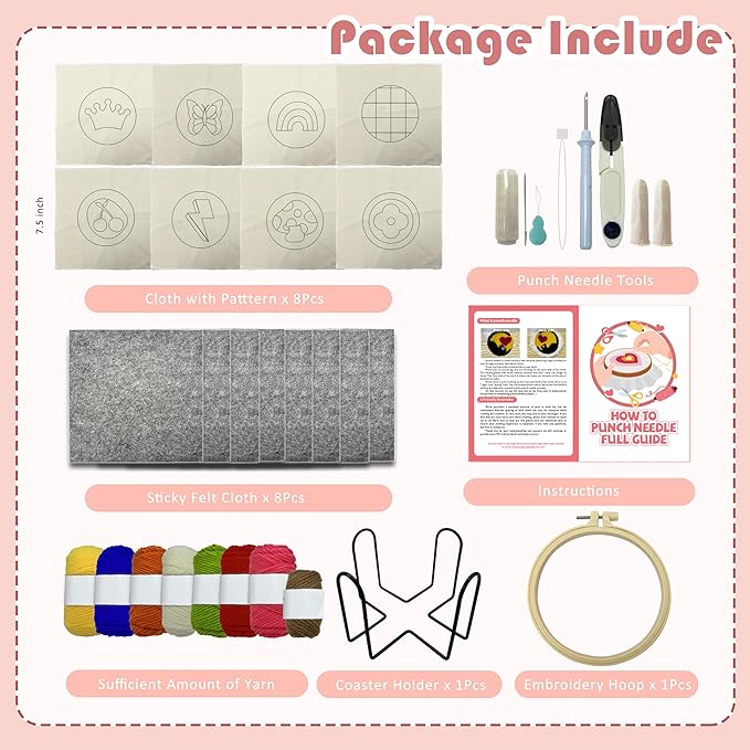 Punch Needle Kit for Beginners Adults Easy Needle Punch Embroidery Tool Set Including Threader Instruction Fabric Hoop Yarn Coaster DIY Making Kit Supplies,Set of 8 Vintage 80S Art Crafts Gifts