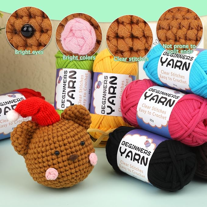 Completed Beginner Yarn, Yarns for Crocheting, Easy Yarns, 15 Pack Crochet Yarn with Easy-to-See Stitches for Beginners Crochet Kit