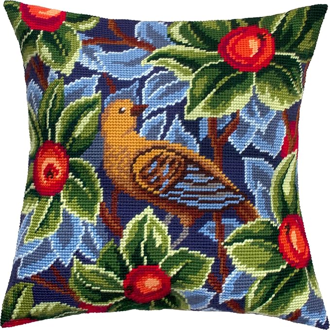 Brvsk Tapestry Embroidery Kit for Adults and Beginners — Bird by William Morris 16″ × 16″ with Clear, Precise Printed Design on Cotton Canvas; Includes 2 Needles, Yarn, and Easy-Read Chart