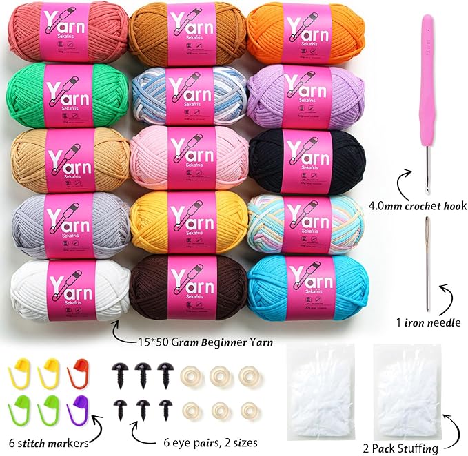 15 Pack Crochet Yarn Beginner - Black, White, Orange, Red, Green, Pink, Yellow Cotton Chunky Yarn - Easy-to-See Stitches for Crocheting (15 * 50g)