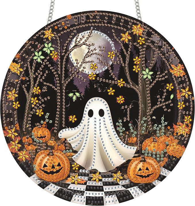 Reofrey Hanging Diamond Art Kits for Adults - 8x8 Inch Halloween Ghost Acrylic Board Double Sided Pattern Diamond Art Suncatcher Pendant, Crystal Art for Wall or Window Decoration Handmade Gift