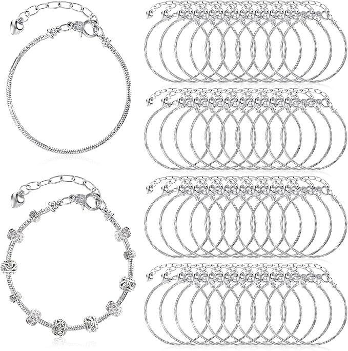 IANFAN 40 Pcs Snake Chain Bracelet Adjustable Snake Charm Bracelet with Heart Lobster Clasp Extender for Women Jewelry Making DIY Crafts Supplies, (7.87 Inch, Silver Stainless Steel)