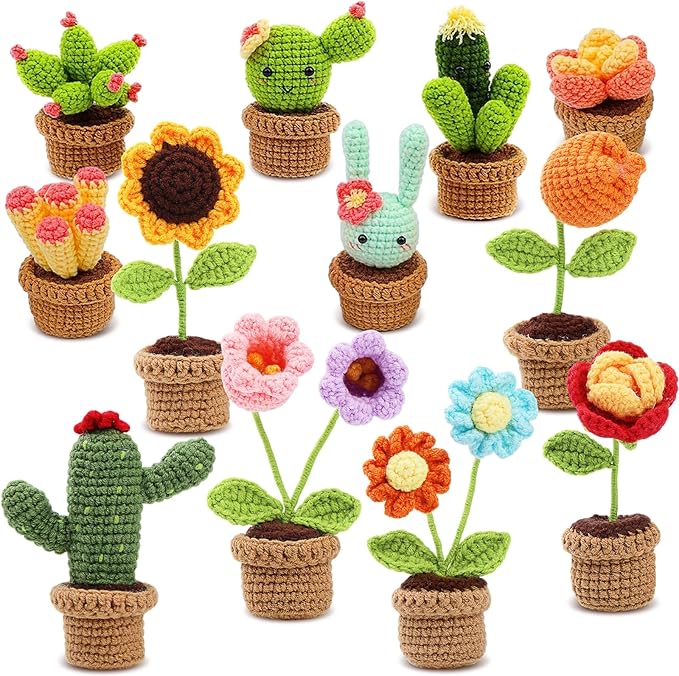 HunnmingRe 12 Pcs Christmas Crochet Gift Kit for Beginner, Mini Potted Succulent Plants DIY Craft Kit for Starters with Video Tutorials Classroom Craft for Adults Birthday Xmas Decoration