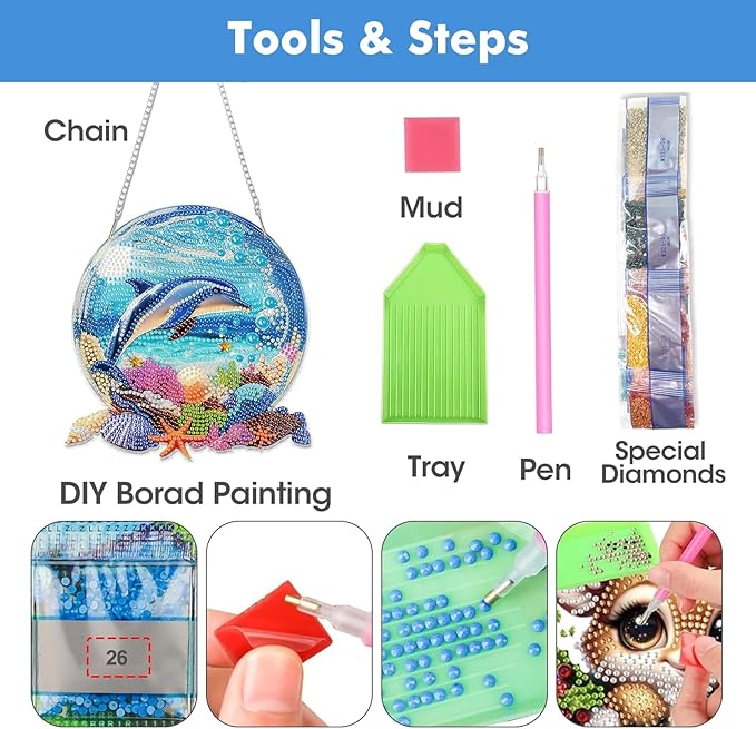 Miwixy Dolphin Hanging Diamond Art Kits for Adults,Beach Special Shaped Crystal Christmas Diamond Painting Ornament Kit DIY Double-Sided Pattern Window Pendant Gem Art Kit for Home Wall Decor