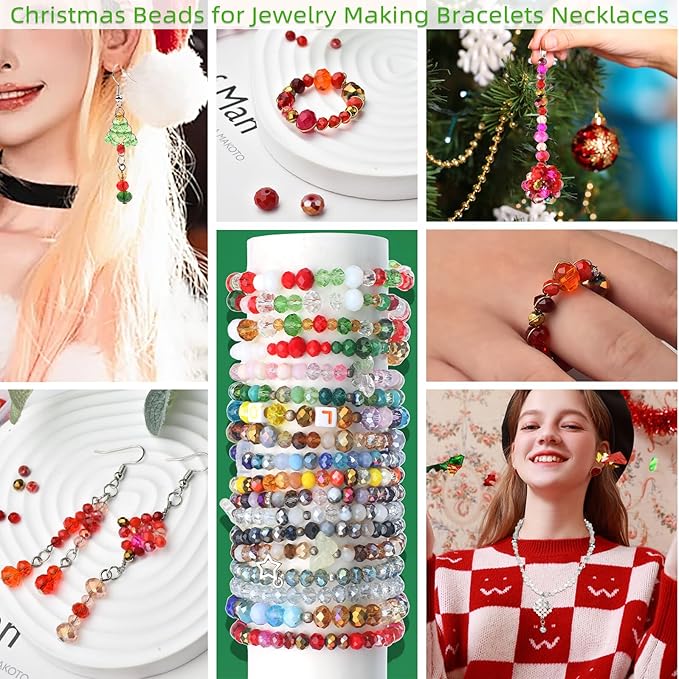 200pcs 8MM Faceted Rondelle Glass Beads for Jewelry Making, Briolette Crystal Glass Beads Plated Round Loose Spacer Beads for DIY Supplies Bracelets Necklaces Earrings (Christmas)