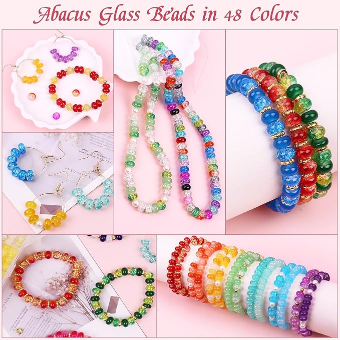 1200PCS Abacus Glass Beads for Jewelry Making, 48 Colors Gemstone Rondelle Beads for Bracelets Making Kit, Crystal Bead for Necklace DIY Crafts, 5x8mm, Solid, Crackle, Gradient Colors