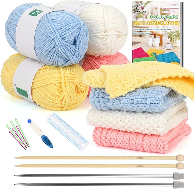 Aeelike Knitting Kit for Beginners, Complete Beginner Knitting Kit Easy Knitting Set Including Knitting Needles Set Cotton Yarn, Learn to Knit Dishcloth with Step-by-Step Instructions, Colorful