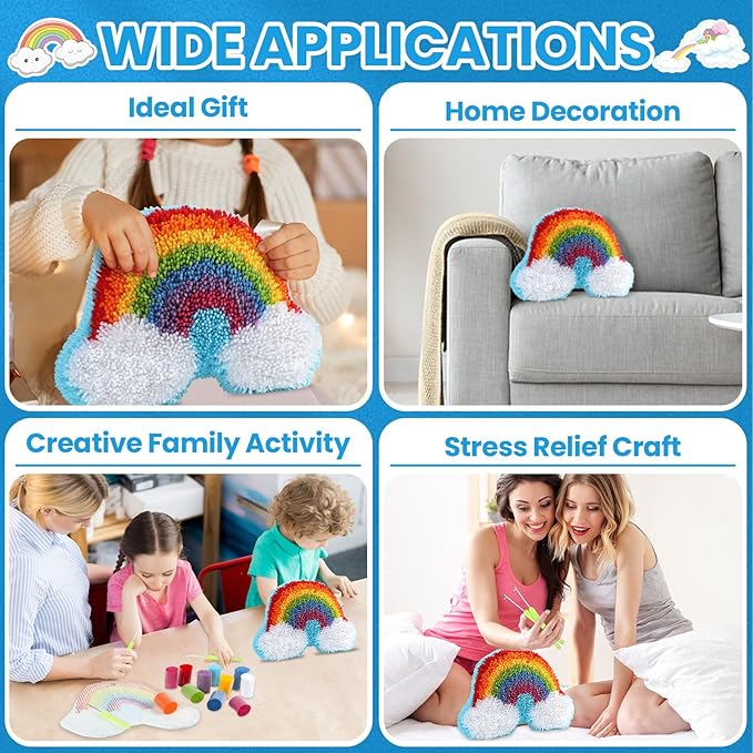 Justforjoyful Rainbow Latch Hook Kit Rainbow Pillow DIY Craft Kit for Making Your Own DIY Pillow Valentine's Day Craft Kit for Pattern Paint Cross Sewing Sofa Cushion Plush Gift