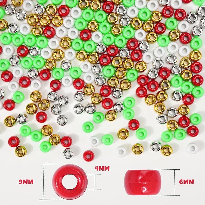 1000PCS Christmas Pony Beads Bulk – 6x9mm Red Green White Gold Silver Kandi Beads for Bracelets, Hair Braids, Jewelry Making, Crafts & DIY Holiday Decorations