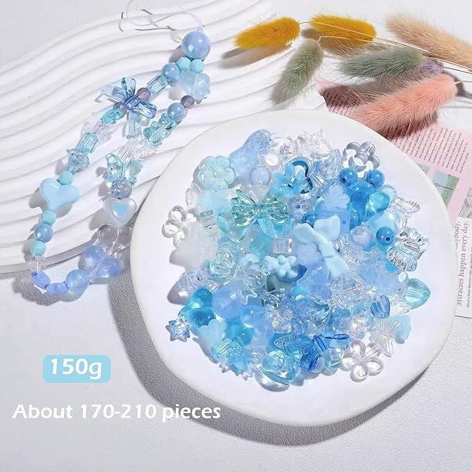 Assorted Acrylic Beads for Bracelet Making Kit, 150g Blue Cute Beads for Keychain Making, Kandi Charms, Kawaii Jewelry Making, DIY Crafts