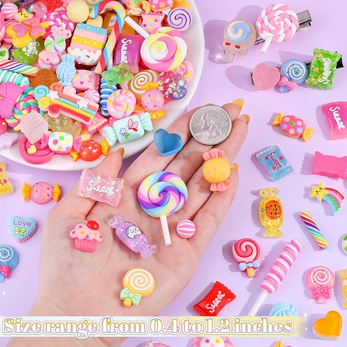 Fake Candy Charms 120PCS Cute Flatback Resin Charms For Slime, Random Kawaii Decoden Charm for Embellishments Slime Charm for Craft Phone Junk Case Charms Bulk Rainbow Lollipop, Scrapbooking DIY Decor