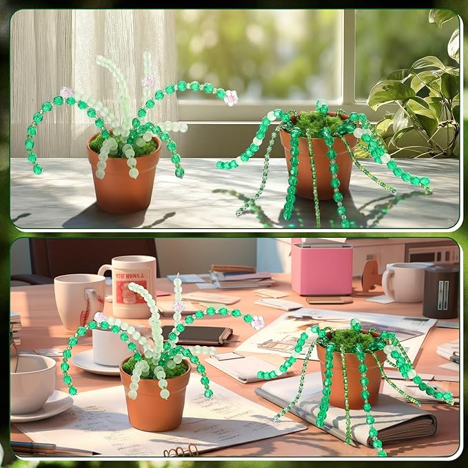 Hoolerry 2 Sets DIY Beaded Plant Kits 2.5 Inch Mini Beads and Planter Making Kit Crafts Desktop Vase Decor Green Beads Succulent Flower Kit Ornaments for Home Decor Plants Lover Handmade Gifts (Brown)