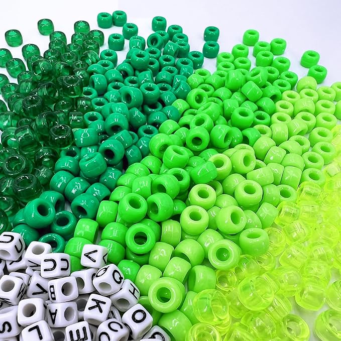 MIIIM 1300 Pcs Pony Beads Kit for Friendship Bracelet, 6 Styles Kandi Bracelet Kit in Box with Individual Compartments, Hair Beads for Braids, Letters (Green Shades)