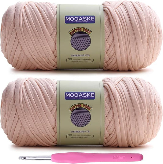 2 Pack T-Shirt Crochet Yarn for DIY Knitting Crochet Cloth Blanket Bag Dolls - 400g Chunky Thick Yarn for Crocheting with Polyester-Spandex Blend Elastic Fabric (Beige)