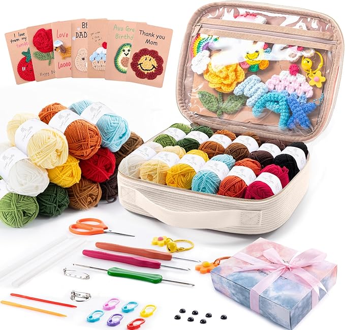 MYBAGZING Crochet Kit for Beginners, Complete Starter Set with Yarn, Ergonomic Crochet Hooks, Needles, Crochet Accessories and Suppliers for Crochet Beginner Projects, Knitting Kit for Adult