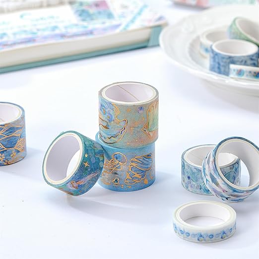 YUBX Marine Life Washi Tape Set 24 Rolls Gold Silver Foil Masking Underwater World Graphic Decorative Tapes for Arts, DIY Crafts, Journals, Planners, Scrapbook, Wrapping