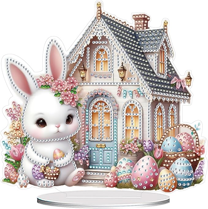 DIY Dot Diamond Art Painting Desktop Easter Creative Ornaments by Number Embroidery Arts and Crafts Easter for Home Office Garden Decoration (Single Side Dot Diamond)-Easter Bunny-1