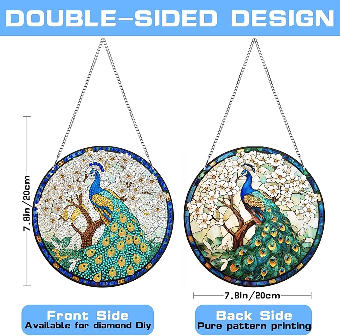 VAIIEYO Peacock Diamond Painting Hanging, Bird Animal Diamond Painting Suncatchers Window Hanging Kit with Chain, 7.5x7.5 inch Crystal Pendant Art Craft for Gift Home Wall Front Door Decoration