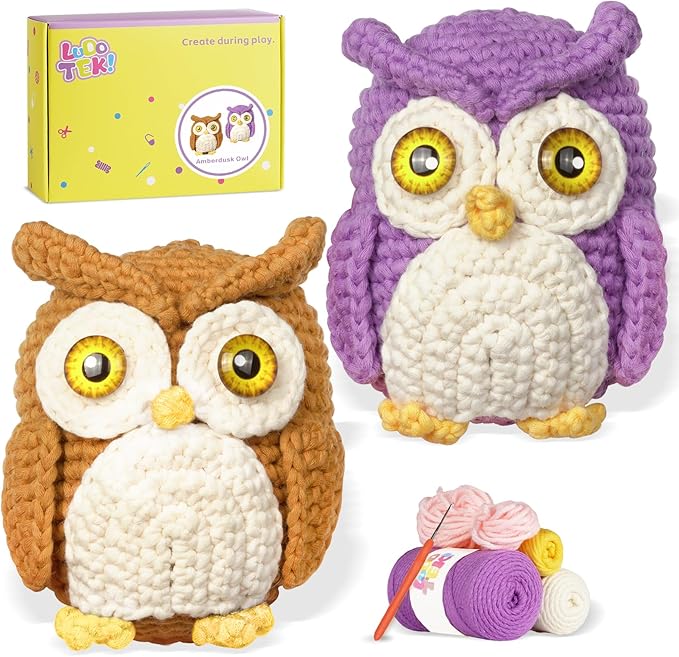 LUDOTEK Crochet Kit for Beginners, Crochet Animal Kits,Crocheting Kit for Starters with Step-by-Step Video Tutorials, Beginner Crochet Kits for Adults(2 Pack owl)