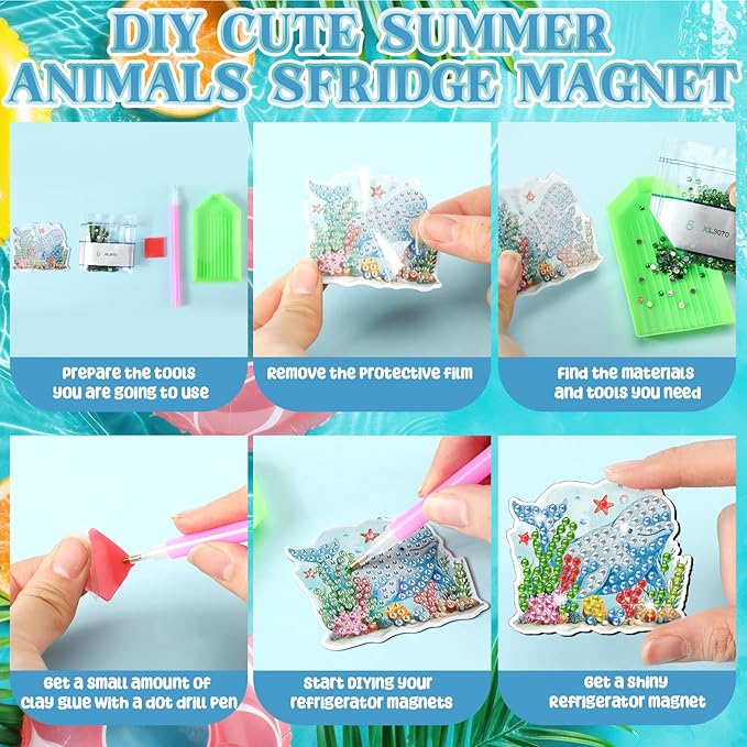 Xuhal 30 Pcs Summer Diamond Painting Magnets Ocean Animal Diamond Art Magnet Kits for Adults 5D Rhinestone Beach Under The Sea Animal Refrigerator Magnetic Sticker for DIY Craft Fridge Ocean Gifts