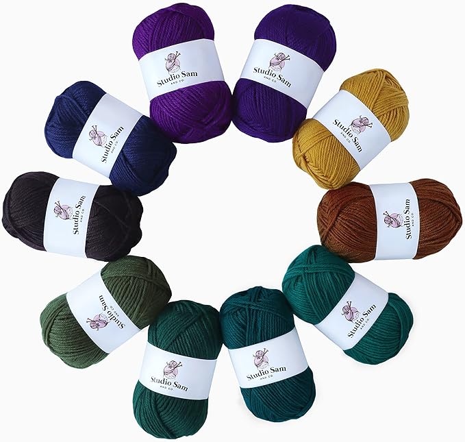 Studio Sam Acrylic Yarn Set. Ten Large 50g Skeins. Total 1030 Yards. for All Knitting, Crochet and Craft Projects. (Midnight Collection)
