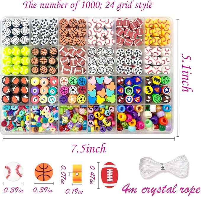1000PCS Polymer Clay Beads for Bracelet Making, 24 Style Sports Charms incl. Baseball Basketball Soccer Football Rugby Volleyball, DIY Jewelry Making Supplies Kit