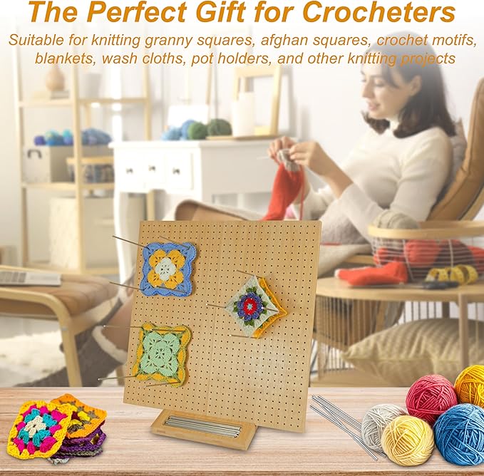 15.5" x 15.5"Foldable Crochet Blocking Board with Pins,Granny Square Blocking Board,Blocking Mats for Knitting with 35 5.9"Stainless Steel Rod Pins,Bamboo Crocheting Accessories Gifts for Crocheters