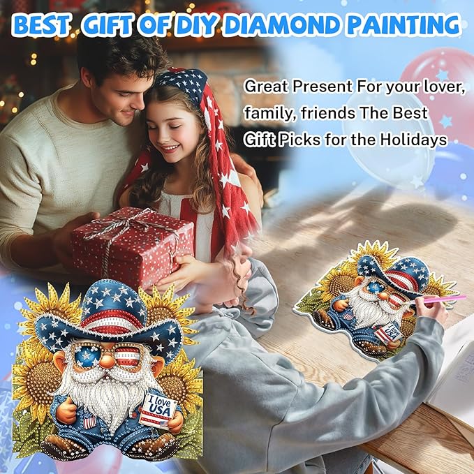 Bowetile Independence Day 5D Diamond Art Hanging Gnome Kits for Adults, 4th of July Diamond Painting Sunflowers Window Pendant Kits, Special Shape Gem Art Suncatcher Ornament for Home Wall Decor