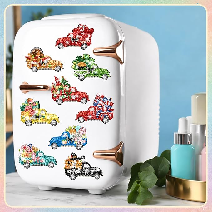 Frienda 12 Pcs Diamond Art Magnets Refrigerator Seasonal Diamond Painting Magnets Holiday Truck Easy Kits Interchangeable for Adults Beginners DIY Truck Home Decors Gifts Craft