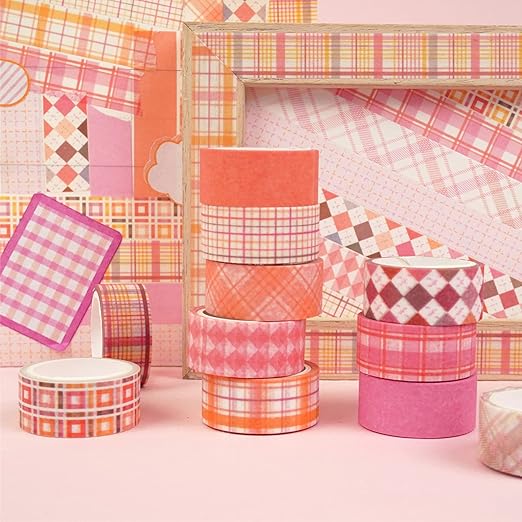 YUBX Basic Grid Washi Tape Set 12 Rolls Plaid Decorative Masking Tapes for Arts, DIY Crafts, Journals, Planners, Scrapbook, Wrapping (Pink)