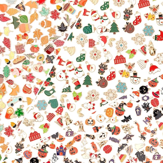 SANNIX 350Pcs Holiday Charm, Mixed Fall Thanksgiving Halloween Christmas Charms Jewelry Bangle Pendants for Bracelet Necklaces Earrings Making Supplies