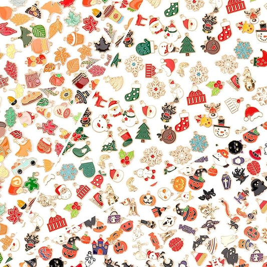 SANNIX 350Pcs Holiday Charm, Mixed Fall Thanksgiving Halloween Christmas Charms Jewelry Bangle Pendants for Bracelet Necklaces Earrings Making Supplies