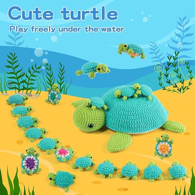 FOUSNOW Crochet Kit for Beginners, 21 Pcs Turtles Family Crochet Animal Kit for Adults, Memory Matching Game, Crochet Start Kit with Step-by-Step Video Tutorials, Accessories, Craft Art