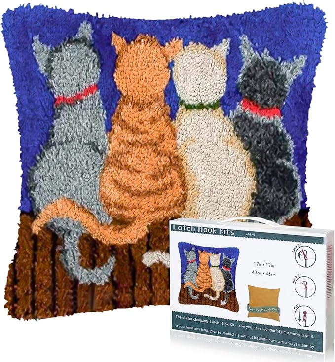 EsLuker.ly Latch Hook Pillow Kit DIY, Cat Latch Hook Kits for Beginners, Cushion Craft Kit with Pre-Printed Canvas, Cute Animal Latch Hook Craft for Home Sofa Decor