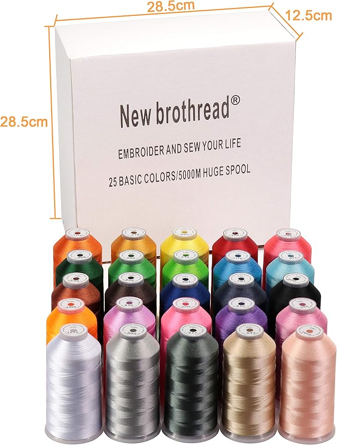 New brothreads - 25 Basic Colors of Huge Spool 5000M Polyester Embroidery Machine Thread for Commercial and Domestic Embroidery Machines