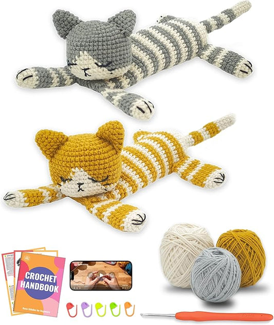 PAITIN Crochet Kit for Beginners – DIY Sleeping Cat Amigurumi Crochet Project Kit with Step-by-Step Video Tutorial, Complete Materials and Beginner Handbook
