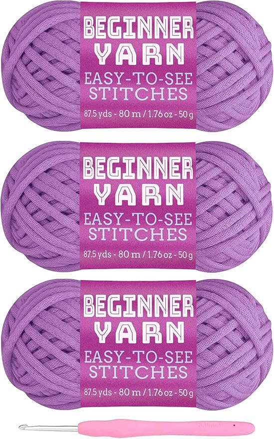 Beginners Purple Yarn - 3x50g, 260 Yards for Crocheting & Knitting, Easy-to-See Stitches, Medium #4, Chunky Thick Cotton Nylon Blend
