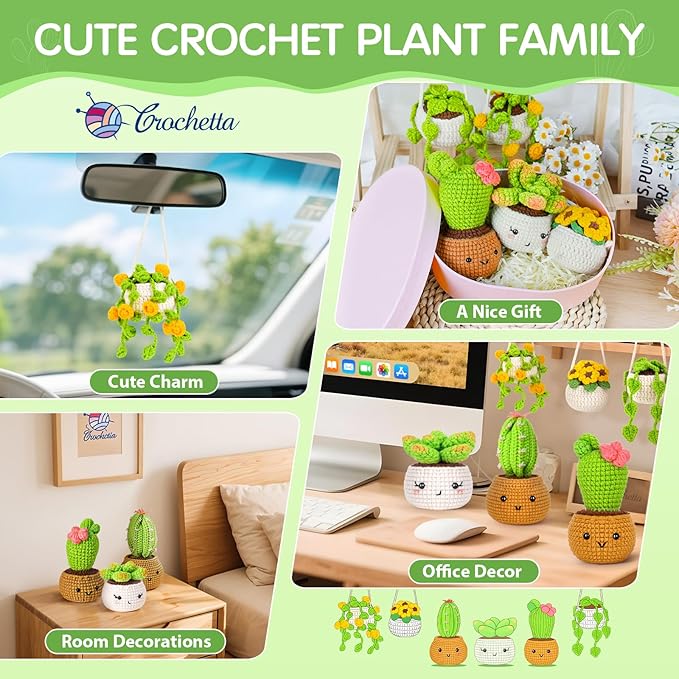 Crochetta Crochet Kit for Beginners, Crochet Starter Kits for Adults, Amigurumi Craft Knitting Crocheting Kits with Step-by-Step Video Tutorials, 6 Pc Hanging Potted Plants Family(40%+ Yarn