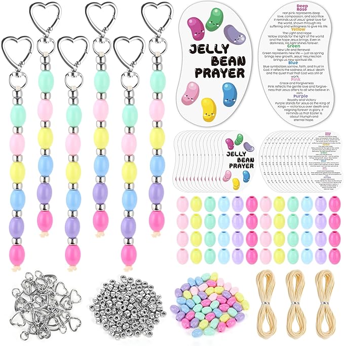 Equsion 423 Pcs/30 Sets Religious Easter Crafts Keychain Beads Making Kit with Jelly Bean Prayer Cards Colorful Beads for Easter Egg Filler Christian Church Sunday School Activities Party Favor Decor