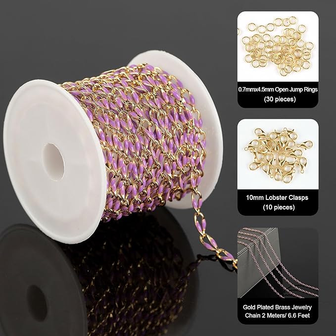 Purple Enamel Jewelry Chains for Making Jewelry, Gold Plated Brass Cable Chain Spool with Jump Rings and Lobster Clasps