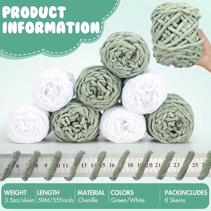 Buryeah 8 Pack Chunky Chenille Yarn for Crocheting Soft Thick Fluffy Yarn for Hand Knitting Bulky Velvet Blanket Plush for Weaving DIY Crafts Each 3.5 oz 55 Yards (White,Green)