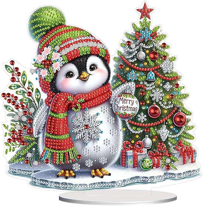 JJFox DIY Tabletop Diamond Art Painting Kit，Special Shaped Rhinestone Desk Placement Ornament，Home Stand Up Gem Painting Craft Kit，Gift,Double Sided. (Penguins and Christmas Trees-1)
