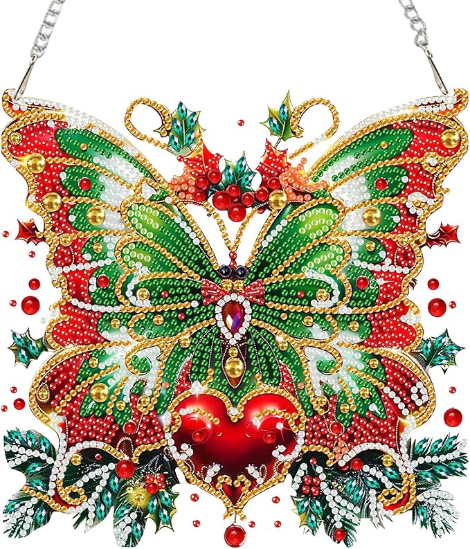 SENQAO Christmas Diamond Art Hanging Kits for Adults, Butterfly Diamond Art Suncatchers, 5D Special Shape Diamond Painting Pendant Window Ornament Gifts for Home Door Wall Decor