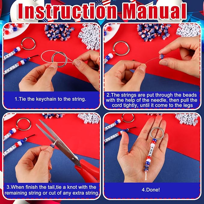 Landical 564 Pcs 4th of July Keychain Craft Kit DIY Patriotic Bead Keychain Making Supplies 250th Anniversary Key Gifts Name Beads Red Blue White Independence Day Memorial Day American Flag Favors