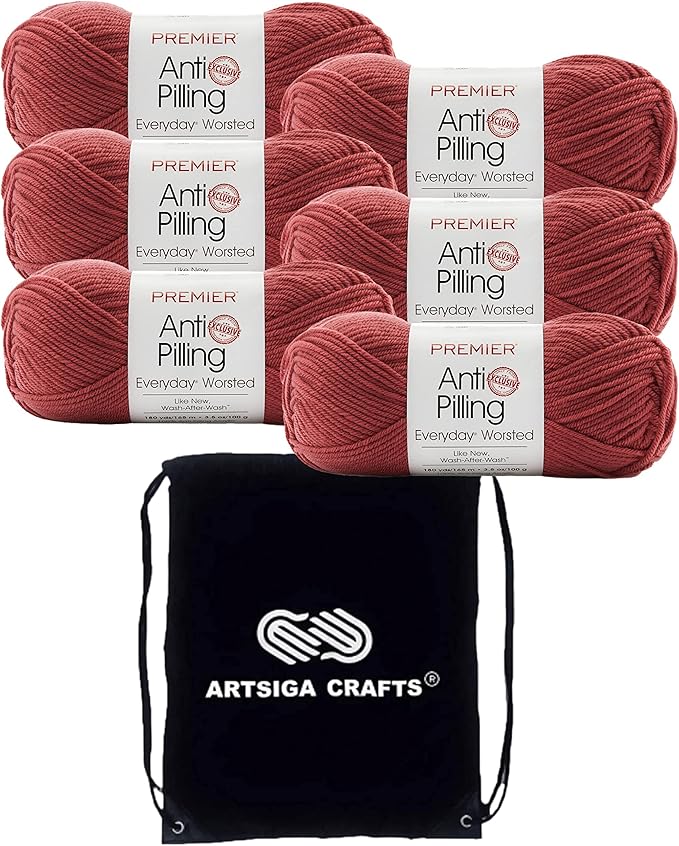 Premier Yarns Everyday Anti-Pilling Solid Rosewood DN100-92 (6-Skeins - Same Dye Lot) #4 Worsted Weight Acrylic Yarn for Crocheting and Knitting with Project Bag