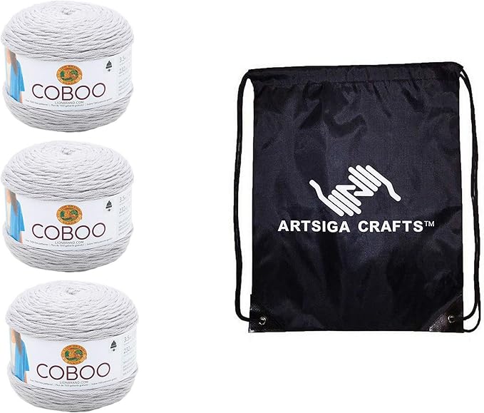Lion Brand Coboo Silver 835-149 (3-Skeins - Same Dye Lot) DK Light Worsted #3 Cotton, Bamboo Yarn for Crocheting and Knitting with Project Bag