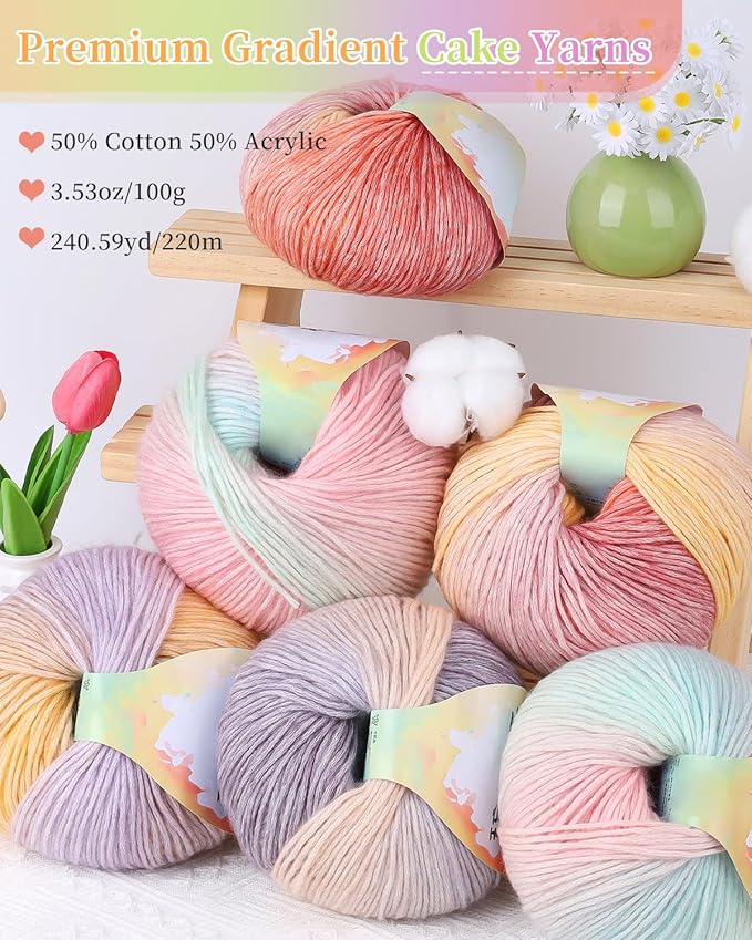 Coopay Yarn for Crocheting Knitting, Gradient Cake Yarns, 2 × 3.53oz - 240yds - 50% Cotton 50% Acrylic Ombre Yarns, Crochet Yarn for Blankets, Shawls, Scarves (115 Sunset)