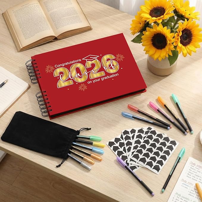 80 Pages Graduation Scrapbook Kit 11 x 8 Inch Photo Album of 2026 Graduation Decoration with 12 Metal Pens and 4 Sheets Stickers for DIY School Congrats Grad Memory Book to Sign(Red)